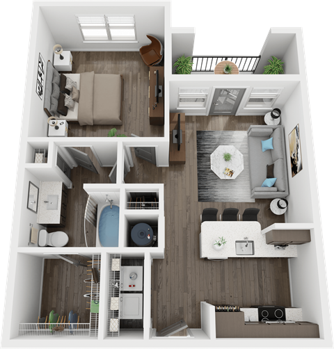 A 3D floor plan of a small apartment with a kitchen, living room, and bathroom.